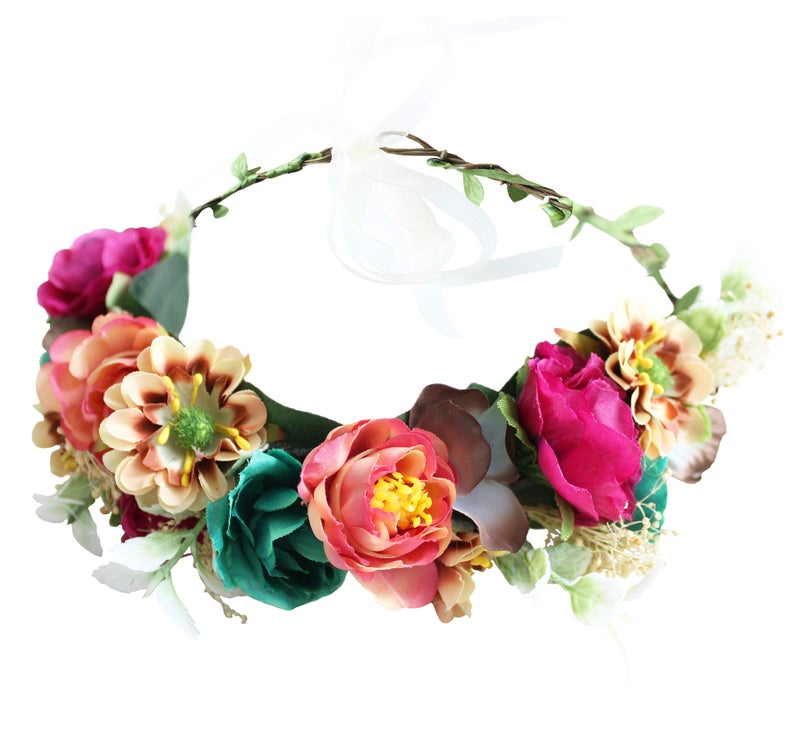 LLinfflr Women Floral Crown Flower Garland Headband Hair Wreath Floral Halo Headpiece Boho with Ribbon Wedding Party Photos - Image 1